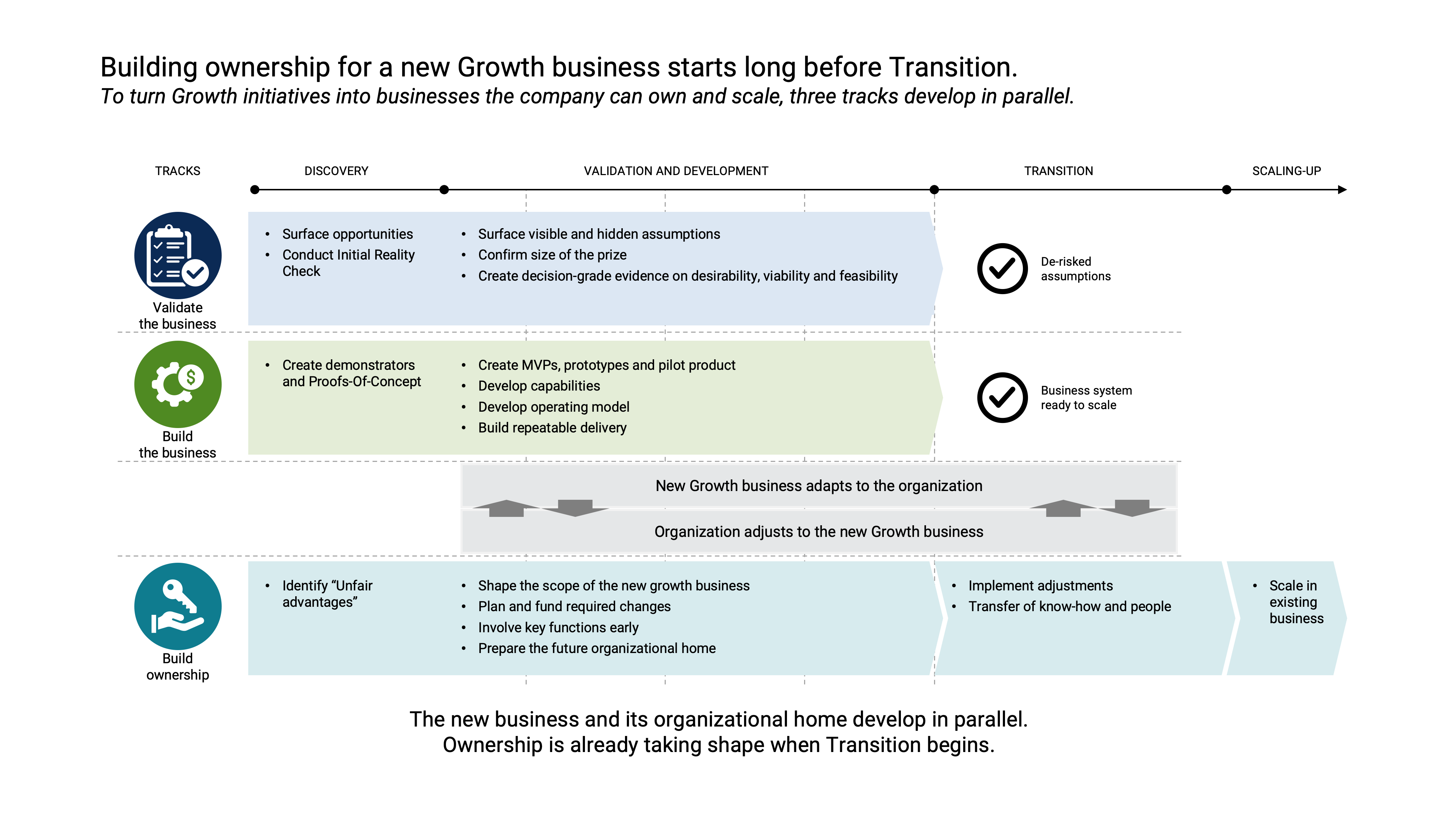 Three parallel tracks for building a new growth business: Validate the Business, Build the Business, and Build Ownership.